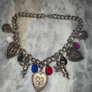 Gold-Tone charm necklace Heart & Cherub Charm Necklace with Multicolored Drops